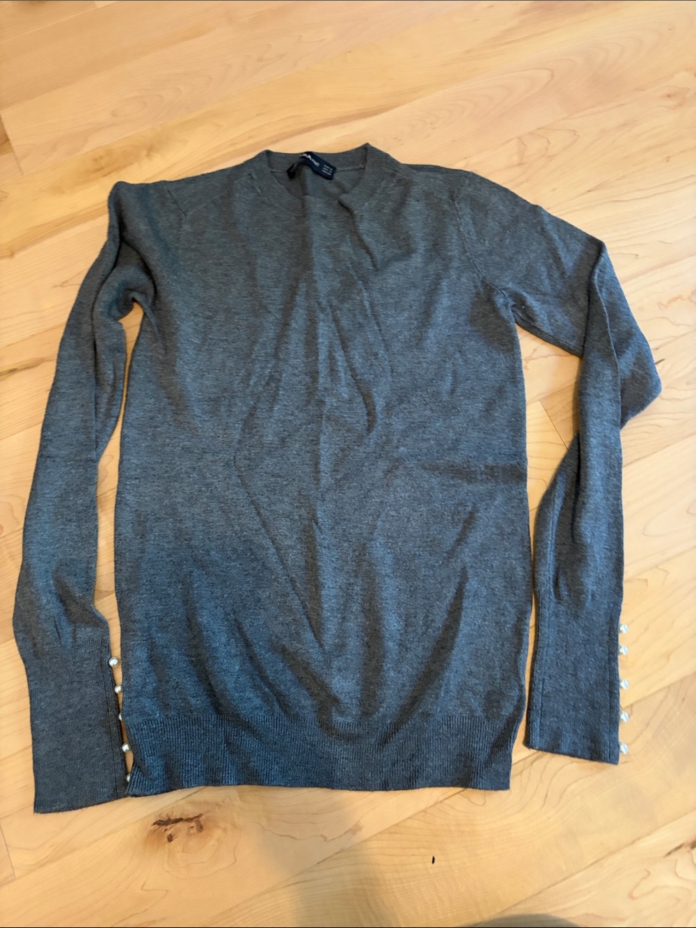 Zara Women's Charcoal Gray Crewneck Sweater with Sleeve Buttons